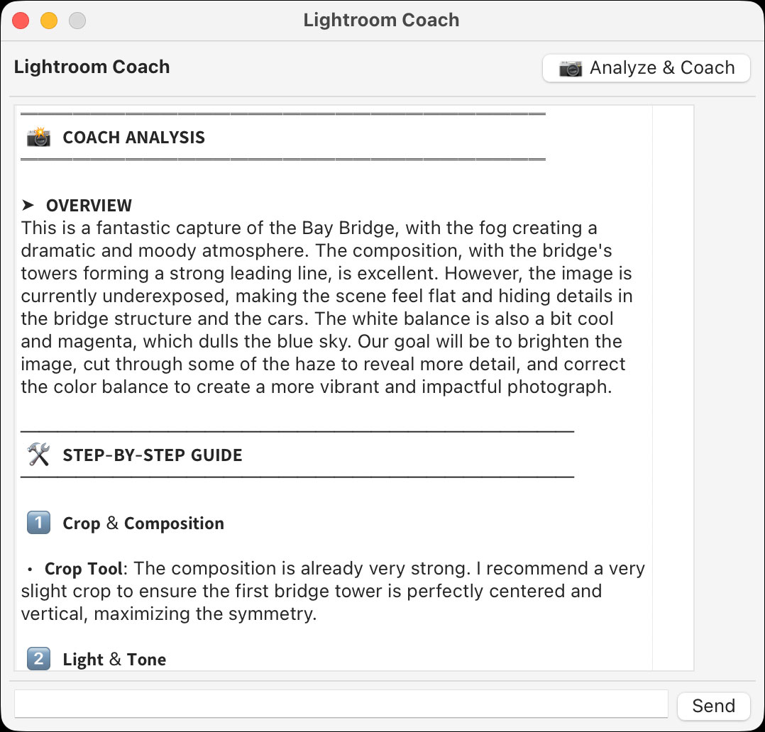 Lightroom Coach interface showing analysis and coaching