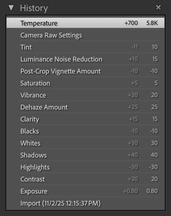Lightroom History panel showing Coach adjustments